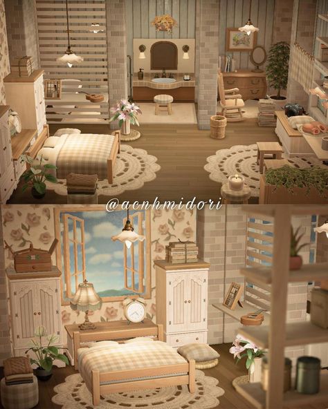 Acnh Cottagecore Room Ideas, Aesthetic Acnh Builds, Acnh Hhp Bedroom Ideas, Animal Crossing Boho Bedroom, Acnh House Bedroom, Cottagecore Bedroom Animal Crossing, Acnh Ranch Bedroom, Acnh House Interior Ideas Bedroom, Acnh Room Inspiration Bedroom