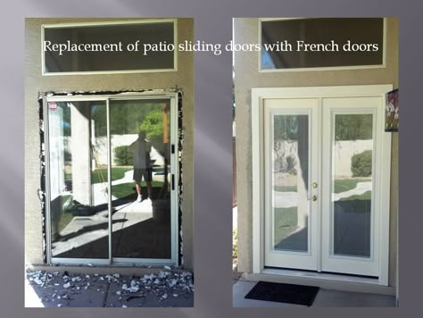 Removing patio sliding door and installing French doors with mini blinds. The mini blinds are between two glass, no need to ever clean the blinds. Sliding Glass Door Blinds, Blinds For French Doors, Installing French Doors, Door Diy Projects, Sliding Glass Doors Patio, French Doors Patio, Door Bathroom, Sliding Patio Doors, Sliding Doors Interior