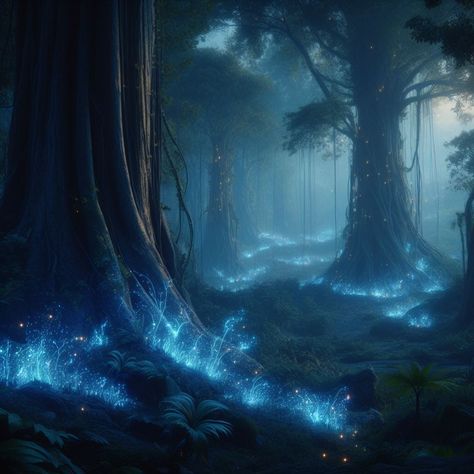 Fantasy Bioluminescent Forest, Fantasy Places Mystic, Fantasy Forest Aesthetic, Fantasy World Forest, Mystical Forest Aesthetic, Mystical Forest Art, Fey Realm, Starry Forest, Glowing Forest