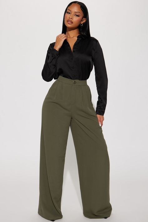 Available In Olive. Trouser Pant High Rise Button Zipper Closure Elastic Waist Back Wide Leg Non Stretch 100% Polyester Imported | Nadia Trouser Pant in Olive Green size 1X by Fashion Nova Green Olive Pants Outfit, Black And Olive Green Outfit, Olive And Black Outfit, Olive Green Trousers Outfit, Pant Trousers Women Outfit, Lawyer Wardrobe, Green Wide Leg Pants Outfit, Office Trousers Women, Corporate Outfits For Women