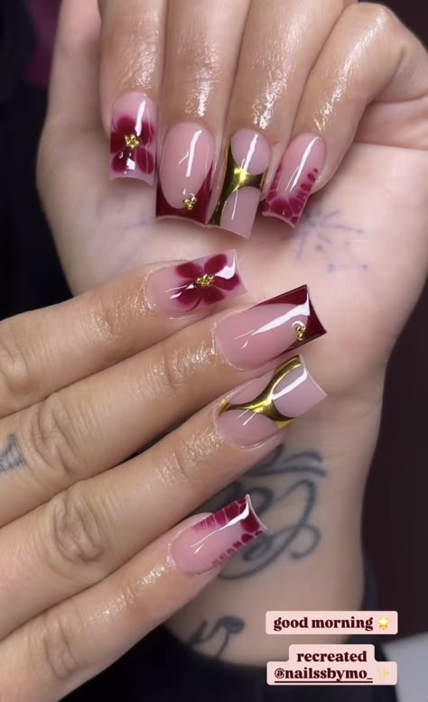 Nail Art Designs Blooming Gel, Summer Bday Nails, Pink Mexican Nails, Gold And Pink Nails, Marble Nail Ideas, Mexican Nails, Red Acrylic Nails, Girly Acrylic, Colored Acrylic Nails