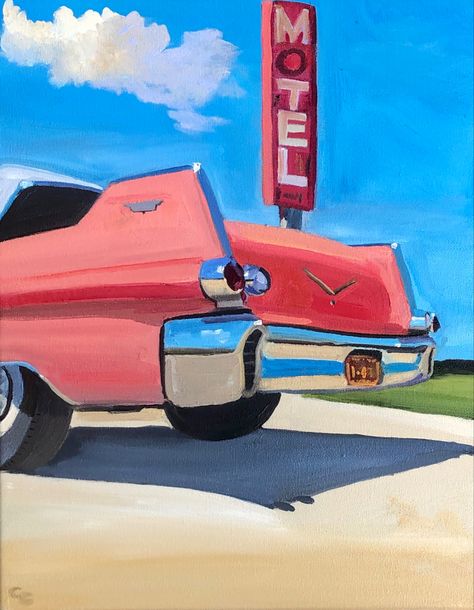 50s Painting Vintage, 50s Painting Ideas, Aesthetic Car Painting, Car Canvas Art, Retro Cars Drawing, Retro Car Painting, Vintage Car Painting Canvas, Retro Things To Paint, Car Painting Acrylic Easy