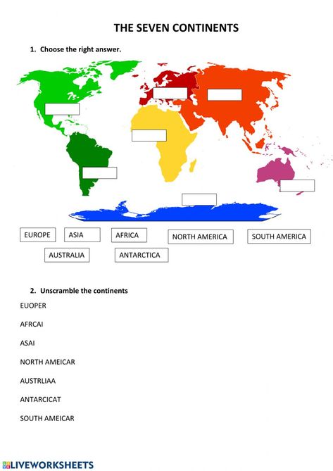 Continent Worksheets For Kids, 7 Continents Activities Free Printable, 7 Continents Worksheet, Continent Worksheet, Oceans Worksheet, Continents Activities, World Map Continents, Word Puzzles For Kids, 2nd Grade Social Studies