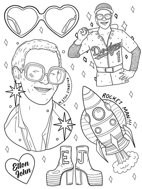 Elton John Coloring Page, Elvis Flash Tattoo, Elton John Embroidery, Elton John Cartoon, Elton John Illustration, Elton John Inspired Tattoos, Tiny Dancer Tattoo Elton John, Cat Kingston Tattoo, Rocketman Tattoo