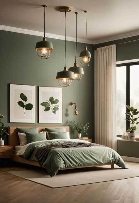 25 Gorgeous Sage Green & Cream Bedroom Ideas You'll Love 19 Sage And Oak Bedroom, Bedroom Paint Colors Rustic, Emerald And Sage Green Bedroom, Dark Green And Taupe Bedroom, Olive Green Guest Room, Dream Room Inspiration Green, Bedroom Ideas White And Green, Natural Green Bedroom Ideas, Cafe Style Bedroom