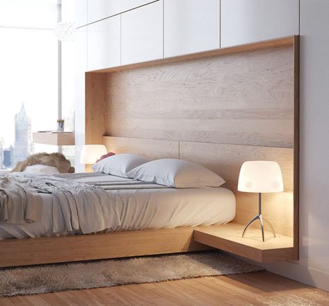 9 Different Ideas For Adding A Nightstand To Your Bedroom // Built right into the bed --- The headboard, bed frame and nightstand are all built into a single piece of furniture in this bedroom. Contemporary Bed Design, Decoration Ideas For Bedroom, Bed Design Modern, Contemporary Bed, Remodel Bedroom, Contemporary Bedroom, Modern Bed, Design Bedroom, Design Case