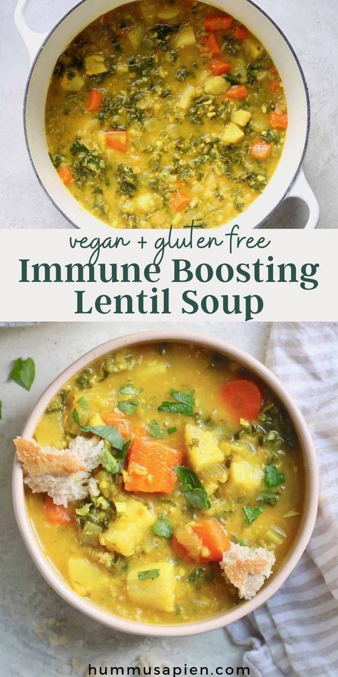 The coziest vegetable turmeric soup with lentils, greens, and ginger. A comforting winter meal in a bowl you'll crave all season long! This gluten free & vegan soup recipe has nutritious ingredients that boost your immune system, too. Soup With Lentils, Meal In A Bowl, Turmeric Soup, Anti Inflammation Recipes, Ginger Soup, Lentil Soup Recipes, Vegan Soup Recipes, Boost Your Immune System, Lentil Recipes