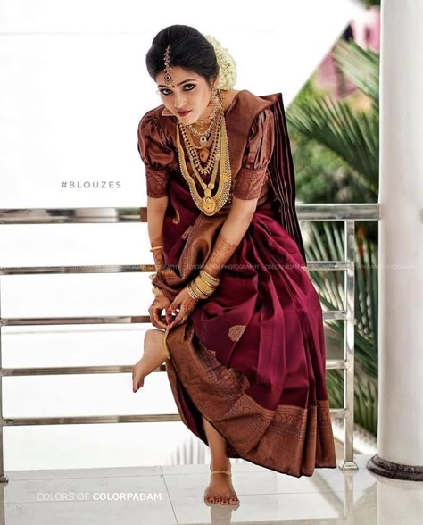 Bridal Jewellery Styling Inspiration For 2021!! • South India Jewels Maroon Wedding Saree South Indian, Broket Blouse Design, Kerala Wedding Saree, Indian Bride Saree, Blouse Party Wear, Silk Saree Wedding, South Indian Wedding Saree, South Indian Bride Saree, Indian Bride Poses