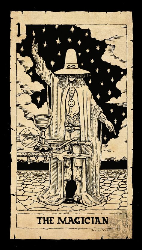 Senkai Yami, Tarot Cards Art Illustration, Magician Tarot Card, Kartu Tarot, Magician Tarot, Vintage Tarot Cards, The Magician Tarot, Tarot Tattoo, Vintage Tarot