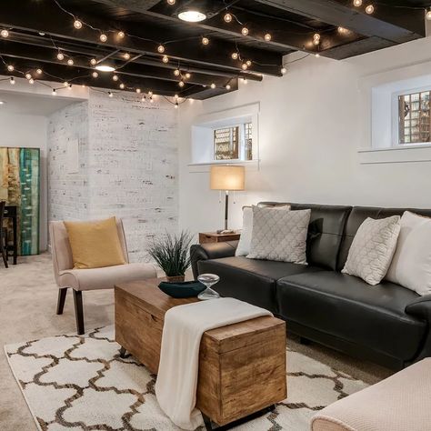 Black And White Basement - Photos & Ideas | Houzz Rental Updates, Stenciled Concrete, Game Media Room, Exposed Basement Ceiling, Stenciled Concrete Floor, Cheap Basement Remodel, Exposed Ceiling, Basement Construction, Basement Lighting