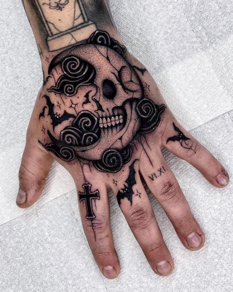 Abstract moon and stars hand tattoo Moon Skull, Full Hand Tattoo, Hand Tattoo Ideas, Skull Hand Tattoo, Wicked Tattoos, Hand Tats, Gothic Tattoo, Skull Hand, Hand Tattoos For Guys