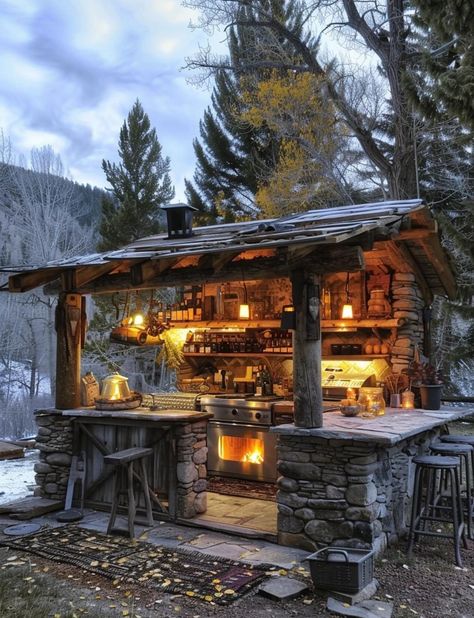 Rustic Outdoor Spaces, Cordwood Homes, Rustic Lake Houses, Mountain Cabins, Backyard Buildings, Outdoor Kitchen Plans, Backyard Pavilion, Backyard Bar, Outdoor Living Patio