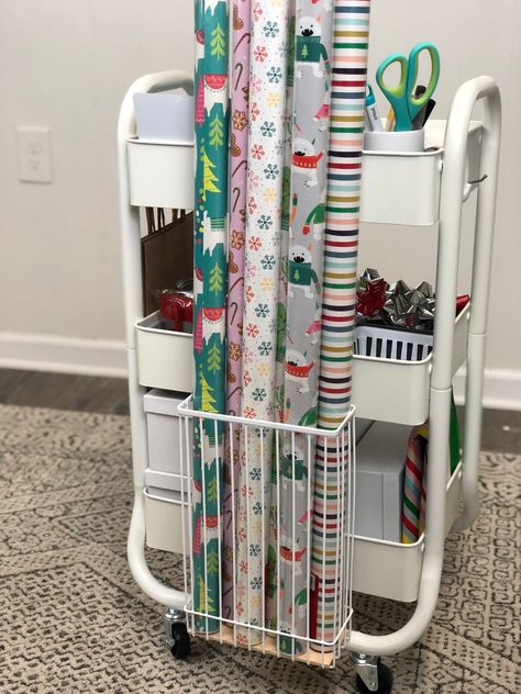 DIY Gift Wrap Storage Cart - Organized-ish Wrapping Paper Storage Cart, Gift Wrapping Organization Ideas, Gift Wrap Cart Diy, Gift Wrapping Station Ideas Spaces, Wrapping Paper Cart, Gift Wrapping Station Diy, Diy Cleaning Cart, Gift Wrap Station Ideas, Gift Wrap Storage Ideas