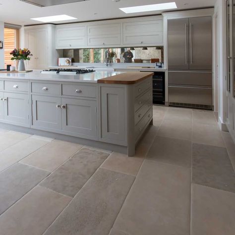 Stone Kitchen Floor, Antique Stone Flooring, Flooring Kitchen, Open Plan Kitchen Diner, Limestone Flooring, Natural Stone Flooring, Stone Kitchen, Kitchen Dining Living, Kitchen Floor Tile