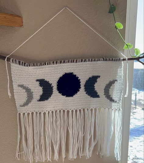 Crochet Moon Wall Hanging, Moon Phases Crochet, Moon Phase Crochet, Crochet Moon Phases, Celestial Crochet, Crochet Moon, Goth Crochet, Windsor Colorado, Amanda Murray