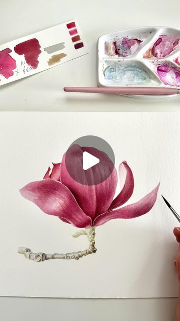 Watercolour Bathroom Art, Painting Magnolia Flowers, Easy Flower Watercolor, Rose Painting Easy, Magnolia Watercolor Painting, Magnolia Illustration, Watercolor Blending, Paint Watercolor Flowers, Abstract Watercolor Flowers