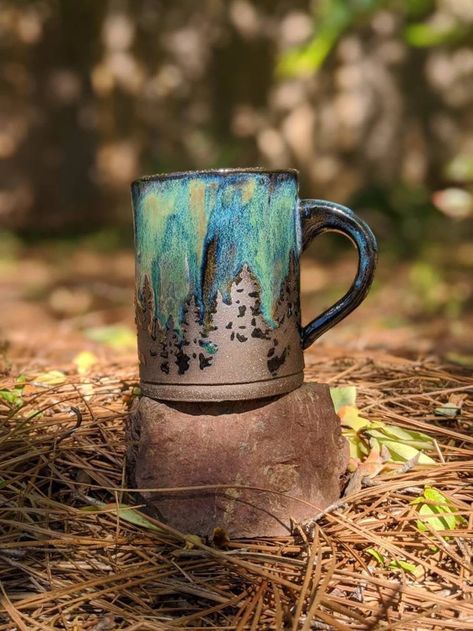 Green Northern Lights Pottery Mug Camping Forest Nature Sky Handmade Tree Rustic Woodland Stoneware Aurora Borealis Holiday Gift Christmas - Etsy Green Northern Lights, Camping Forest, Galaxy Sky, Handmade Tree, Northern Light, Earthenware Pottery, Organic Art, Black Glaze, Green Mugs