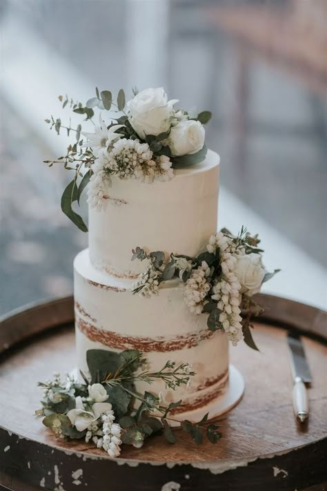 Wedding Cakes And Dessert Tables, Minimal Icing Wedding Cake, 2 Tier Wedding Cake Greenery, Eucalyptus Wedding Cakes, Sage And Cream Wedding Cake, Sage And White Wedding Cake, Simple Wedding Cake Ideas 2 Tier, Naked Wedding Cakes 2 Tier, Sage Wedding Cake Ideas