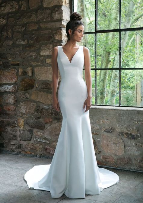 Sincerity Bridal - Style 44043: Satin Trumpet Gown with Back Bow Detail Sincerity Bridal Wedding Dresses, Sincerity Bridal, Long Bridal Gown, Trumpet Wedding Dress, V Neck Wedding Dress, Back Wedding Dress, Wedding Dresses Satin, Dress Chiffon, Satin Wedding Dress