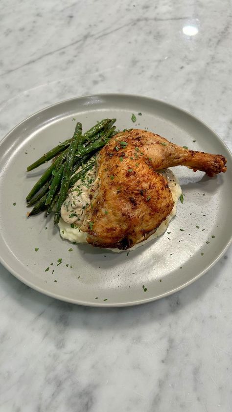 Italian Whole Chicken Recipes, Bbq Chicken And Mashed Potatoes, Green Beans Chicken, Chicken Spatchcock, Mashed Potatoes And Green Beans, Pot Simmer, Dry Brine, Boil Potatoes, Roast Chicken Dinner