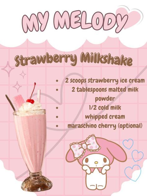 Drink Recipes Milkshake, Pink Milkshake Recipe, Strawberry Ice Cream Milkshake, Hello Kitty Starbucks Drink Recipe, My Melody Starbucks Drink, My Melody Dessert, Sanrio Milkshake, Kawaii Drink Recipes, Cute Diet Plan Sanrio