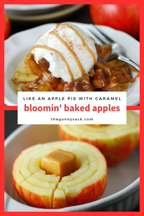 Apples With Caramel Inside, Bloomin Apple Recipe, Apple With Caramel, Bloomin Apples, Blooming Onions, Healthy Apple Desserts, Baked Apple Recipes, Apple Recipe, 5 Ingredients Or Less