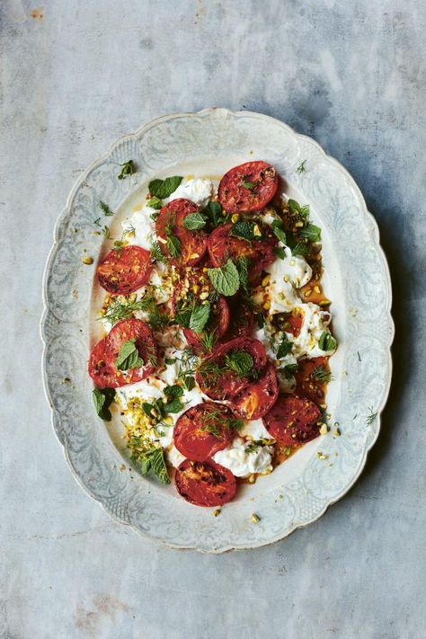 RECIPE: Diana Henry's Chilli-roast Tomatoes With Feta Cheese | Worcester News Summer Food Photography, Marinated Feta, Summer Recipe Ideas, Marinated Cheese, Italian Dinners, Feta Cheese Recipes, Burrata Cheese, Vegetable Curry, Plum Tomatoes