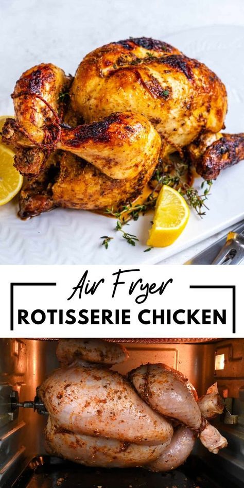 Air Fryer Rotisserie Chicken – make a tender, juicy and flavor-packed rotisserie chicken in your air fryer! It is so easy and cooks in just 40 minutes. Air Fryer Rotisserie Recipes, Best Rotisserie Chicken Recipe, Juicy Whole Chicken, Air Fryer Rotisserie Chicken, Rotisserie Chicken Recipe, Cooking Whole Chicken, Whole Chicken Recipes, Air Fried Food, Air Fryer Oven Recipes