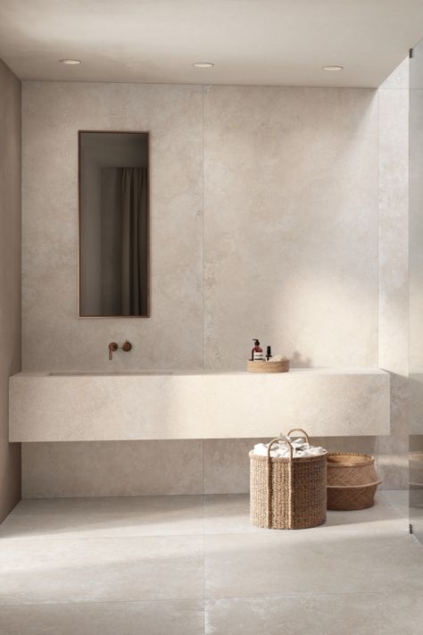 Discover the beauty of minimalism with this stunning bathroom design, featuring the elegant Realstone Travertino stone effect. Embrace the serene ambiance created by light, neutral tones that enhance the space's tranquility Marazzi Travertino Navona, Travertine Bathroom Floors, Travertine Bathroom Modern, Travertine Floors Bathroom, Bathroom Limestone, Mediterranean Style Interior, Bathroom Minimal, Travertine Bathroom, Domain Expansion