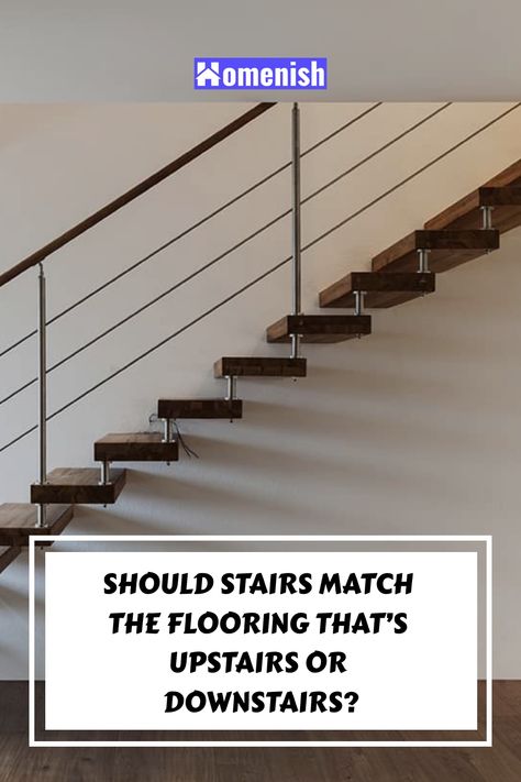 If you are renovating your staircase, you are likely to face the decision of choosing between matching the stair flooring to either the downstairs or the upstairs of the home. This will be an easy call if your upstairs and downstairs both have the same flooring, but in many homes, the upstairs and downstairs flooring will be different. Different Wood Floors Upstairs And Downstairs, Staircase Different Color Than Floor, Downstairs Flooring, Dark Floor Living Room, Wood Floor Stairs, Upstairs Flooring, Mahogany Flooring, Transition Flooring, Top Of Stairs