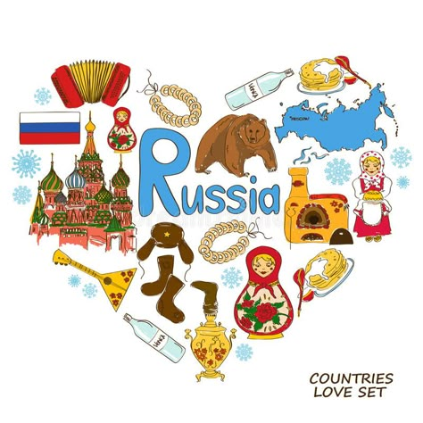 Russian symbols in heart shape concept. Colorful sketch collection of Russian sy #Sponsored , #affiliate, #Paid, #heart, #Russian, #collection, #shape Russian Symbols, European Day Of Languages, Country Heat, Travel Background, Geography For Kids, Greeting Card Box, European Languages, Greeting Card Craft, Cultural Festival