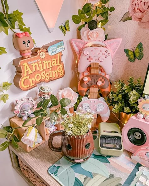 Pink Streaming Setup, Kawaii Cottagecore Bedroom, Floral Gaming Setup, Pink And Green Gaming Setup, Kawaii Desk Decor, Kawaii Office, Cottagecore Room, Kawaii Bedroom, Study Room Decor