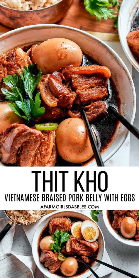 This Thit Kho recipe features tender braised pork belly and hard boiled eggs in a flavorful caramelized coconut sugar sauce. A traditional sweet-and-savory Vietnamese comfort food dish that's easy to make at home! Vietnamese Pork Belly And Eggs, Helen Recipes Vietnamese Food, Low Calorie Vietnamese Recipes, Vietnamese Braised Pork Belly, Vietnamese Braised Pork And Eggs, Thit Kho Trung, Vietnamese Party Food, Healthy Vietnamese Recipes, Vietnamese Pork Belly