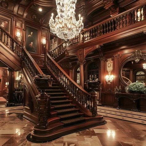 Victorian Mansion Foyer, Beverly Hills Mansion Interior, British Mansion Interior, Grand Foyer Staircase, Old Mansions Interior Victorian, Dark Wood Mansion, Old Victorian Mansions Gothic, Historic Mansion Interior, Old Stone Mansion