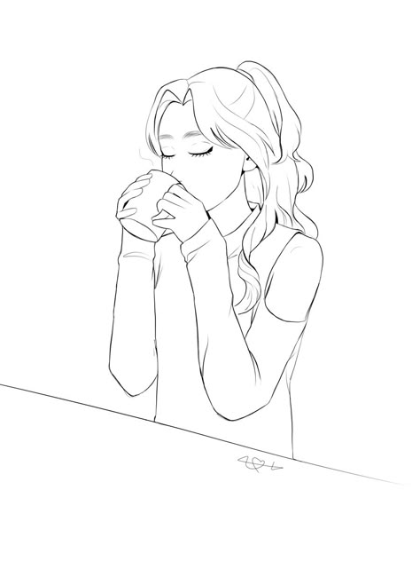 Drinking Coffee Art Reference, Girl Drink Coffee Drawing, Drinking Coffee Drawing Reference, Person Drinking Coffee Drawing, Sipping Coffee Pose, Someone Drinking Reference, Drinking Coffee Sketch, Person Drinking Coffee Reference, Drinking Coffee Reference