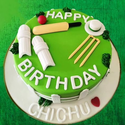 This uniquely designed cake was created especially for a die-hard cricket fan’s birthday! The cake’s green and blue fondant serves as a representation of the playing field, and the paste is also used to create balls, wickets, and stumps. The phrase “Not Out” is without a doubt the enjoyable component! You may make use of fondant carved letters on the board, wishing a happy birthday. Cricket Birthday Cake, Cricket Party, Cricket Theme Cake, Cricket Cake, Sports Cake, Sports Cakes, Dad Birthday Cakes, Sport Theme, Sport Cakes