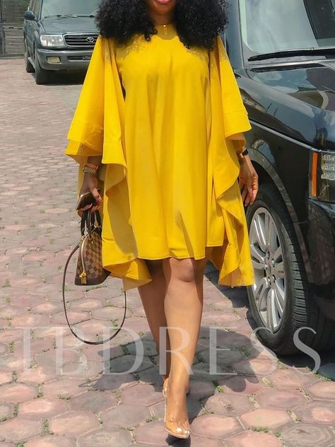 Flowy Dress Casual, Yellow Long Sleeve Dress, Street Mode, Ladies Day Dresses, Fashion Cap, Pleated Mini Dress, Ruffle Long Sleeve, Trapeze Dress, Round Neck Dresses