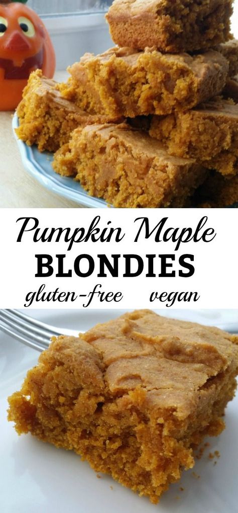 Maple Blondies, Gf Deserts, Vegan Dessert Recipe, Usa Food, Blondies Recipe, Vegan Holiday, Gluten Free Sweets, Healthy Fall, Gluten Free Pumpkin