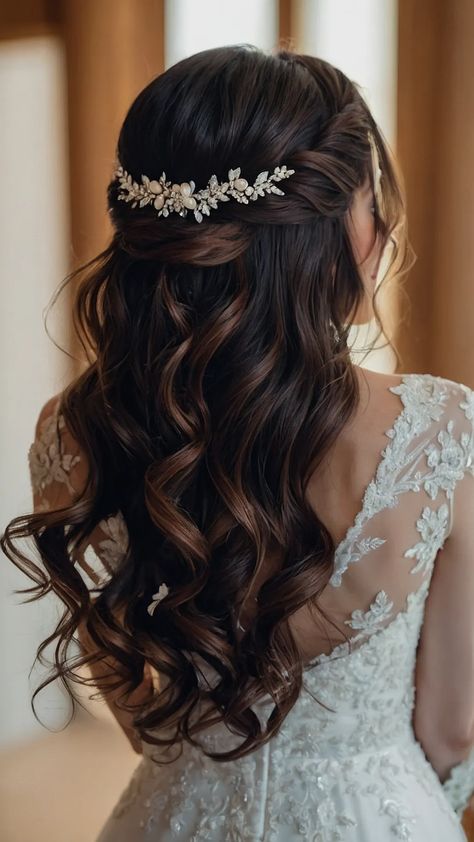 Top 15 Half Up Half Down Wedding Hairstyles: The Elegant Bride's Guide - TecArticles Simple Bride Hairstyles, Bridal Hair Half Up Half Down, Trendy Bangs, Bridal Hair Down, Down Wedding Hairstyles, Bridal Hair Veil, Wedding Hair Half, Half Up Half Down Wedding, Engagement Hairstyles