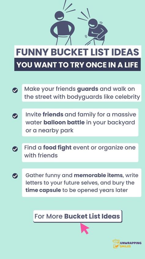 Ready to tickle your funny bone? Dive into our collection of funny bucket list ideas that promise a good laugh and unforgettable experiences. From hilarious summer adventures to weird and crazy challenges, these funny bucket list quotes and names will inspire you to add a dash of humor to your life. Whether you're a teen or just young at heart, our funny bucket list ideas for teens and adults are perfect for everyone! #FunnyBucketList #HilariousIdeas #SummerBucketList #BucketListForTeens #CrazyBucketList

Click to discover more and follow us for a daily dose of fun!💕#LoveStory #RomanticEncounters #HeartfeltConnections #DateNightIdeas #SoulmateSearch #FlirtyFridays #CandlelitDinners #StarryEyedMoments #LoveQuotes #DreamyDates #WhisperedPromises #AmourAdventures Funny Bucket List Ideas, Funny Bucket List, Crazy Challenges, Bucket List Ideas For Teens, Crazy Bucket List, Bucket List Quotes, Bucket List For Teens, Bucket List Journal, Funny Summer