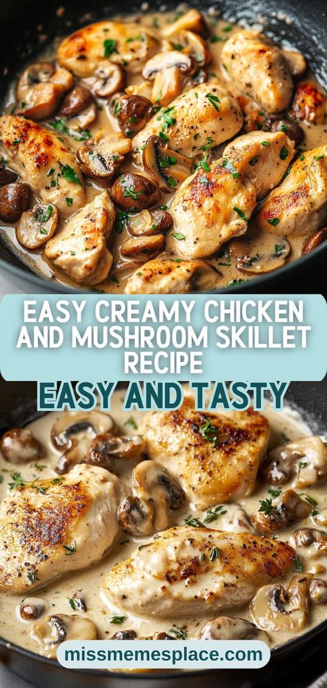 Looking for a quick and delicious dinner idea? Try this easy creamy chicken and mushroom skillet recipe! With just a handful of ingredients, including succulent chicken, savory mushrooms, and a rich cream sauce, you can create a satisfying meal in no time. This dish is perfect for busy families or anyone craving a comforting dinner. Follow our step-by-step guide and discover the magic of this creamy delight that will leave everyone asking for seconds! Chicken Mushroom Cream Sauce, Chicken And Mushroom Skillet, Mushroom Sauce For Chicken, Mushroom Skillet, Easy Creamy Chicken, Cream Of Mushroom Chicken, Mushroom Cream Sauce, Cream Sauce For Chicken, Creamy Mushroom Chicken