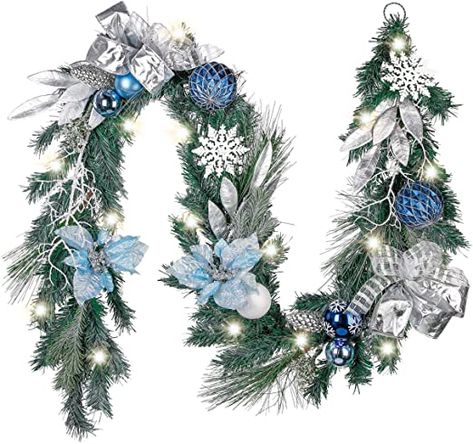 Winter Wonderland Gala, School Christmas Decorations, Christmas Ornament Garland, Christmas Jeep, Blue Silver Christmas, Pre Lit Christmas Garland, Christmas Blue And White, White Christmas Garland, Beach Christmas Decor