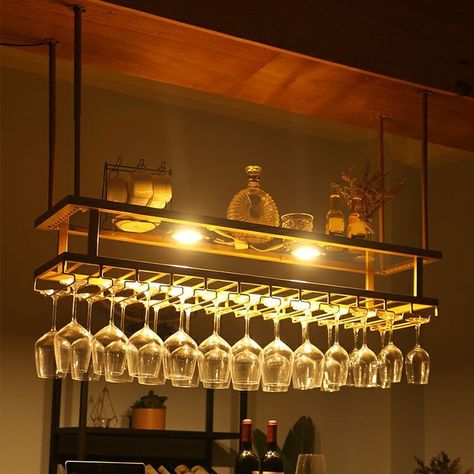 Metal Ceiling Mount Wine Display with Bar Glass Holder Shelf, With Light, Black, 47.2"L x 11.8"W x 23.6"H Wine Racks & Glass Holders Wine Display Cabinet, Wine Rack Glass Holder, Wine Glass Hanger, Home Bar Counter, Wine Glass Shelf, Hanging Wine Glass Rack, Wine Rack Design, Bar Counter Design, Wine Glass Storage