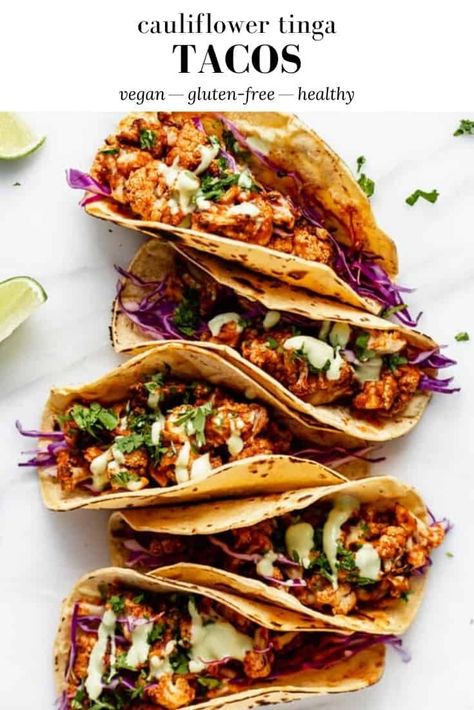 Cauliflower Tinga, Tinga Tacos, Mexican Party Food, Vegan Mexican Food, Vegan Tacos Recipes, Healthy Taco Recipes, Spicy Cauliflower, Vegan Taco, Chipotle Peppers