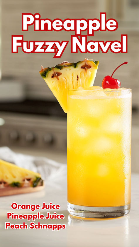 Pineapple Fuzzy Navel Fuzzy Navel Drink, Pineapple Juice Cocktails, Pineapple Rum Punch, Pineapple Cocktails, Pineapple Margaritas, Garnishing Ideas, Orange Juice Cocktails, Cocktail Cards, Juice Cocktails