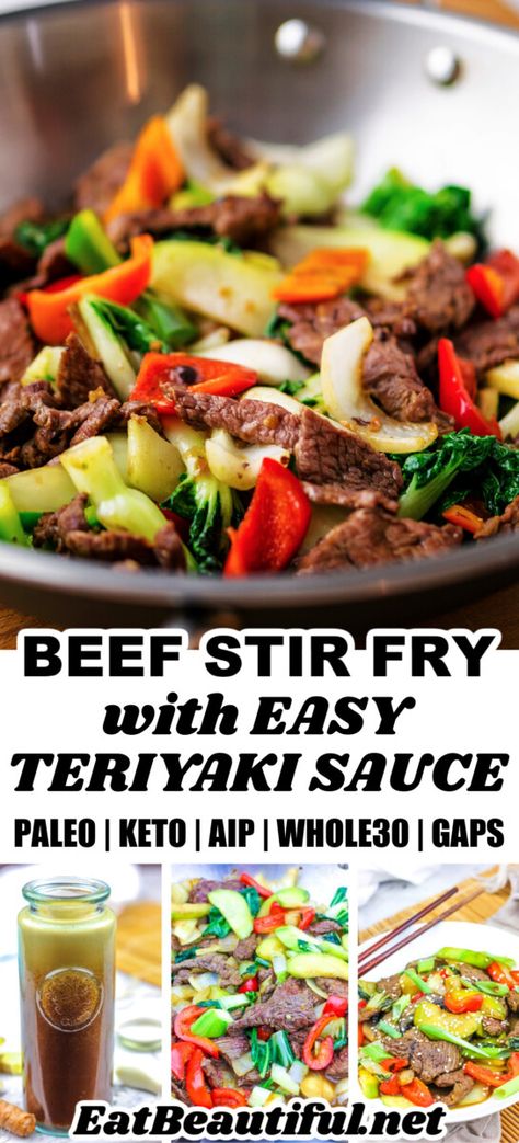 Paleo Beef Stir Fry with Vegetables is a nutritious and easy one-pan stir-fry that features an easy homemade Teriyaki Sauce. | Eat Beautiful Recipes | paleo goodness | paleo beef stir fry | keto beef stir fry | aip beef stir fry | whole30 | low carb | gaps diet | gluten free | beef stir fry | steak stir fry || #paleo #beef #stirfry #keto #aip #whole30 Keto Stir Fry Beef, Aip Stir Fry Sauce, Keto Beef Stir Fry Recipes, Low Carb Beef Stir Fry, Stir Fry Keto, Stir Fry Steak, Easy Teriyaki Sauce, Aip Dinners, Stir Fry With Vegetables