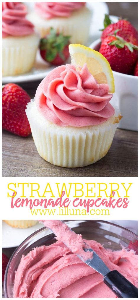 Sweet & Tangy Strawberry Lemonade Cupcakes start with fluffy, moist lemon cupcakes and are topped with a fresh strawberry frosting! #strawberrylemonadecupcakes #lemonadecupcakes #strawberrylemonade #strawberrycupcakes #cupcakes Moist Lemon Cupcakes, Strawberry Lemonade Cupcakes, Lemonade Cupcakes, Ideas Cupcakes, Biscotti Al Cacao, Freezer Recipes, Easy Cupcake Recipes, Strawberry Frosting, Cake Pop Recipe