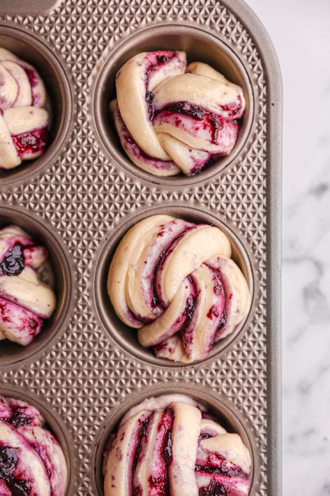 Blueberry Rolls, In Front Of House, Sweet Roll, Bakery Recipes, Front Of House, Muffin Tin, Breakfast Breads, Blueberries, Flower Beds