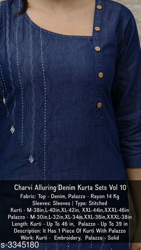 Denim Kurti Designs, Denim Kurti, Designs Kurti, Salwar Suit Neck Designs, Suit Neck Designs, Kurti Sleeves, Kurti Palazzo Set, Salwar Neck Designs, Churidar Neck Designs