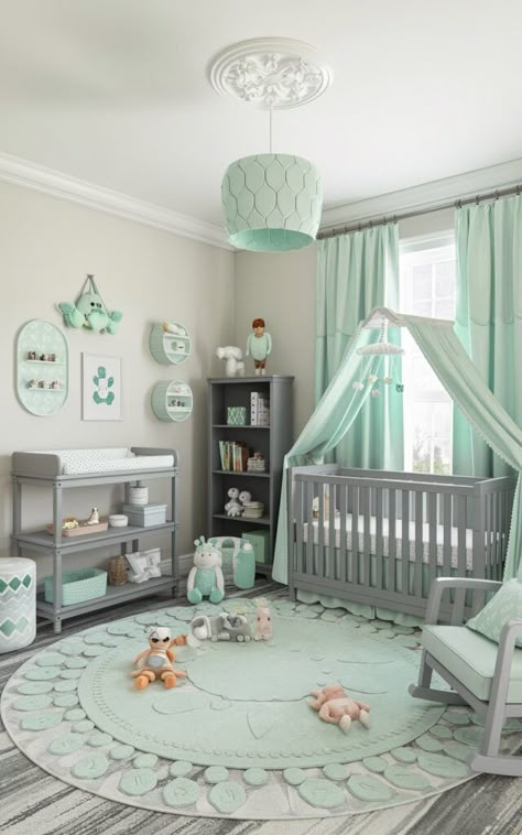 Gender-Neutral Nursery Ideas - Home with Ava Mint Green And Gray Nursery, Mint And Grey Nursery, Mint Nursery Neutral, Nursery Ideas Colors, Seafoam Nursery, Green Baby Boy Nursery, Mint Baby Nursery, Nursery Colour Scheme, Nursery Room Design Ideas